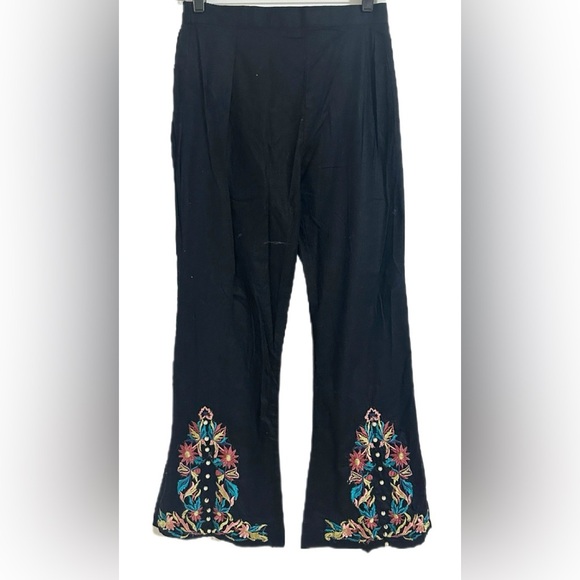 Boho Womens Pants M Black Flare Leg Embroidered  Pearl Detail Summer - Picture 1 of 5